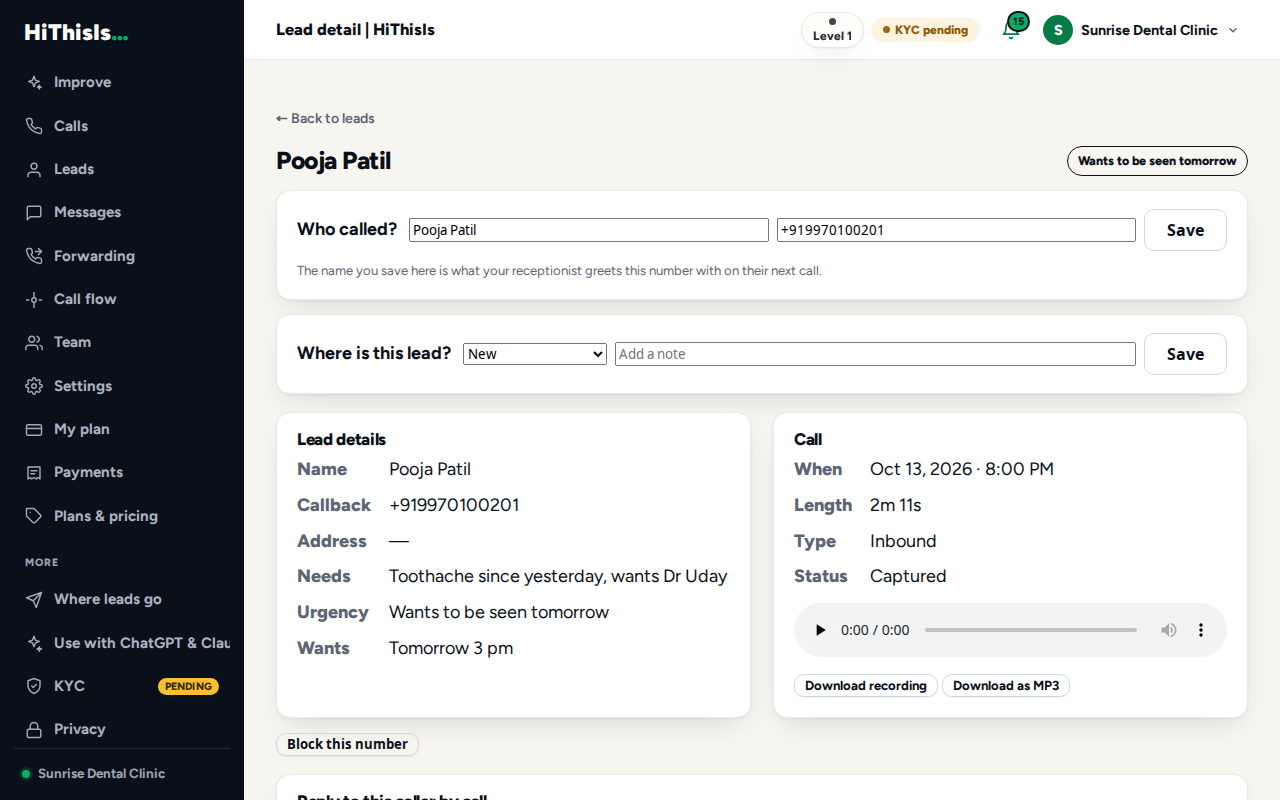 One call: the recording, the transcript, the report fields, and the actions