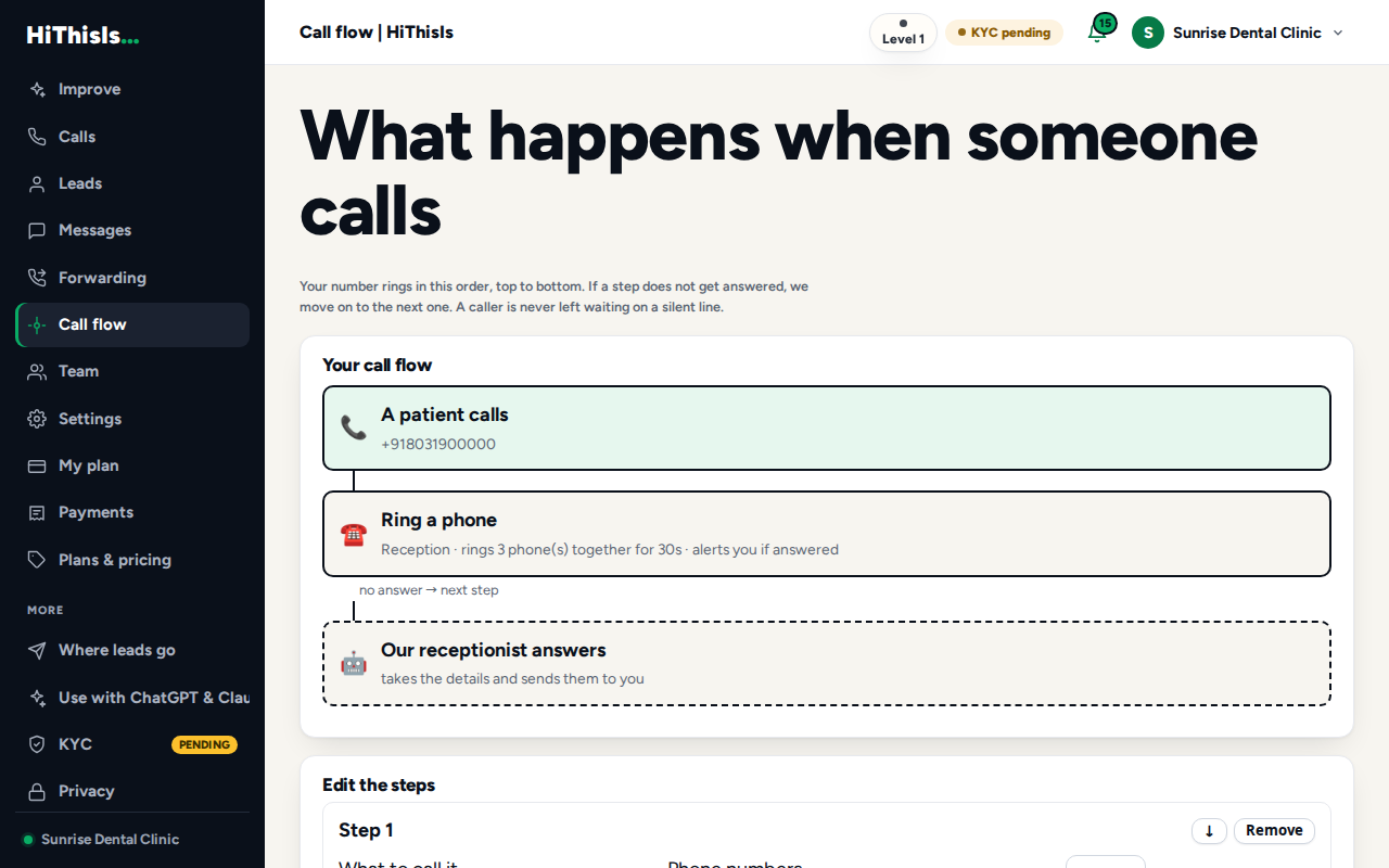 The call flow editor: ring these numbers for 30 seconds, then the front desk